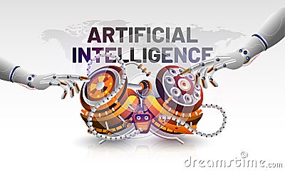 Artificial Intelligence (AI) concept based banner or poster design with 3d illustration of robotic hands touching robotic brain f Cartoon Illustration