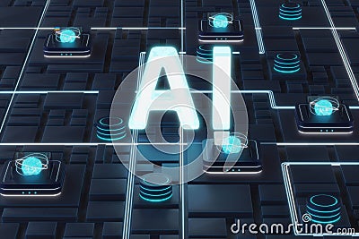 Artificial Intelligence AI concept. Rendering of a 3d text with neural network infrastructure in a cloud data center Stock Photo