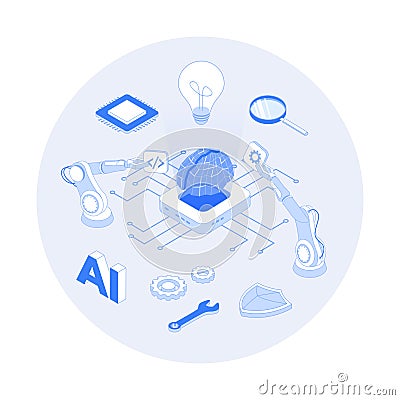Artificial Intelligence AI, Digital brain, Artificial thinking process. Future technology, Machine learning, Smart brain computer Vector Illustration