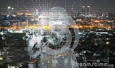 Artificial intelligence, AI everywhere and is omnipresent. The overlay robotic figure on a city background. Every person on earth Stock Photo