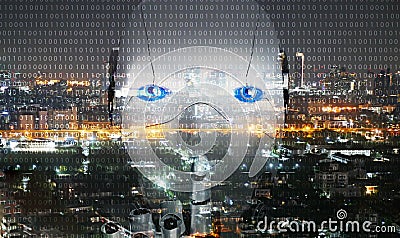 Artificial intelligence, AI everywhere and is omnipresent. The overlay robotic figure on a city background. Every person on earth Stock Photo