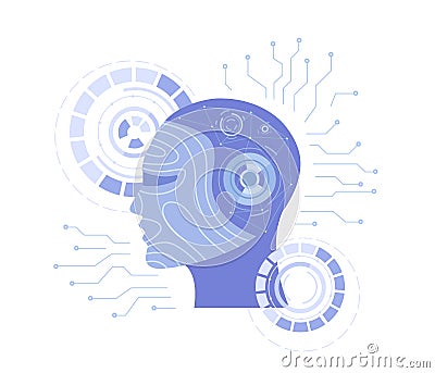 Artificial Intelligence AI, Future technology, Digital brain, Machine learning, Data mining. Robot head with a human face, brain Vector Illustration