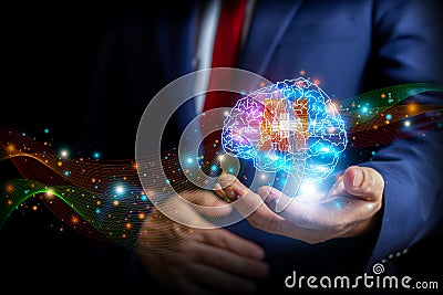 Artificial intelligence AI of the future of tools and data warehousing, and another modern computing technology UI by tapping on Stock Photo