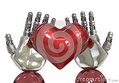 Artificial intelligence or AI hands holding a red heart. robot can feeling in love like human. Stock Photo