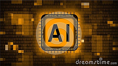 Artificial intelligence AI lettering on chip - orange abstract background of blurred binary code - information technology concept Stock Photo