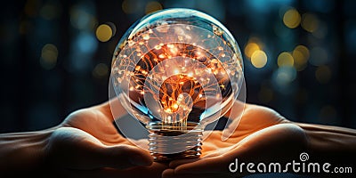 Hand of robotic holding Glowing colorful brain circuit in light bulb on big data processing. AI Generated Stock Photo