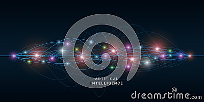 Artificial Intelligence. AI Neural Network Lines, Digital Wave With Gloving Connection Dots Stock Photo