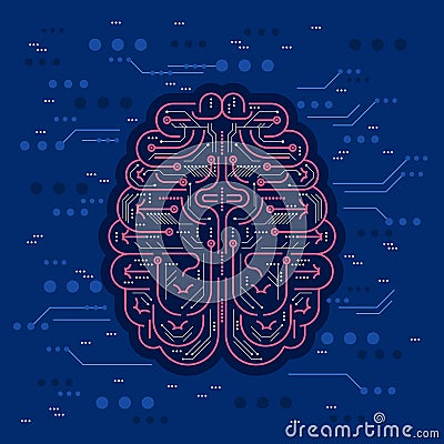 Artificial intelligence or AI vector illustration. Digital robot brain with fuse and chips as futuristic virtual person mind. Vector Illustration