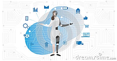 Artificial intelligence or AI vector illustration with symbols. Half human, half robot as futuristic virtual person model. Vector Illustration