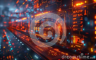 Artificial intelligence control center panel background with monitors. Artificial Intelligence Stock Photo