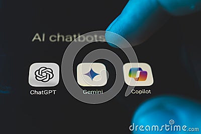 Artificial intelligence assistant language models on smartphone screen. ChatGPT, Gemini and Copilot Editorial Stock Photo