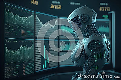 Robot trading on candlestick chart using AI Stock Photo
