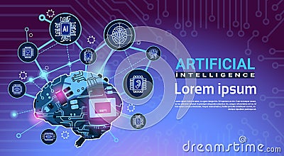 Artificial Intelligence Banner With Cyber Brain Cog Wheel And Gears Over Motherboard Background With Copy Space Vector Illustration