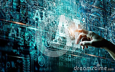 Artificial intelligence and Big data concept, Abstract Hand of human touching AI and machine learning on circuit board and binary Stock Photo