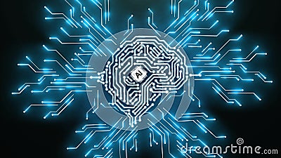 Artificial intelligence brain animation data mining, deep learning. Electronic brain powered by processor. Futuristic Stock Photo