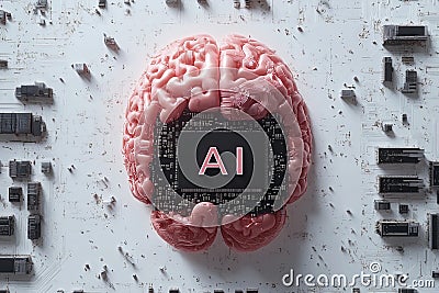 Artificial intelligence brain embedded microchip digital circuits in futuristic laboratory showcasing concept of advanced AI Cartoon Illustration