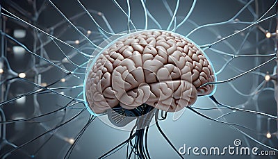 Artificial Intelligence. Brains With Glowing Neurons Connected to CPU. The Power of Artificial Intelligence. Digital AI Stock Photo