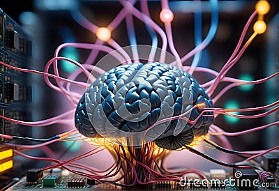 Artificial Intelligence. Brains With Glowing Neurons Connected to CPU. The Power of Artificial Intelligence. Digital AI Stock Photo