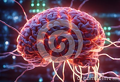 Artificial Intelligence. Brains With Glowing Neurons Connected to CPU. The Power of Artificial Intelligence. Digital AI Stock Photo