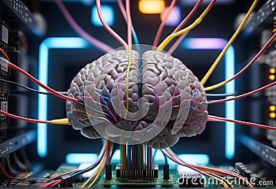 Artificial Intelligence. Brains With Glowing Neurons Connected to CPU. The Power of Artificial Intelligence. Digital AI Stock Photo