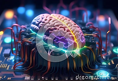 Artificial Intelligence. Brains With Glowing Neurons Connected to CPU. The Power of Artificial Intelligence. Digital AI Stock Photo