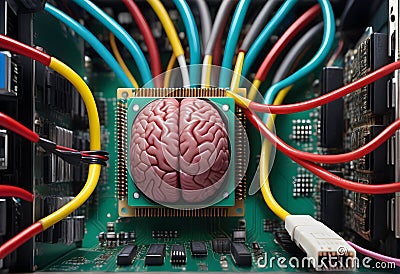 Artificial Intelligence. Brains With Glowing Neurons Connected to CPU. The Power of Artificial Intelligence. Digital AI Stock Photo