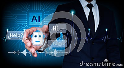Artificial intelligence chatbots are used in computer mobile applications to rapidly respond to online messages and assist clients Stock Photo