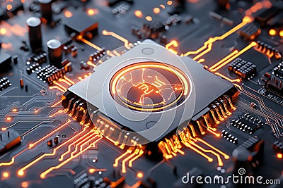 Artificial Intelligence Chip with Digital Data Streams and Futuristic Technology Elements Stock Photo