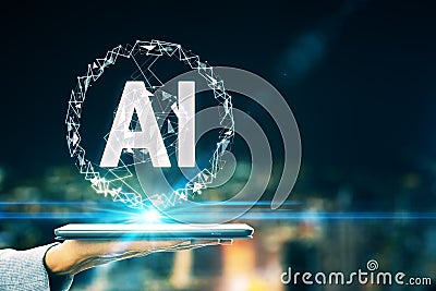 Artificial intelligence concept with AI letters and human hand with digital tablet Stock Photo