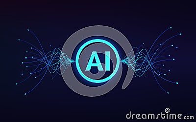 Artificial intelligence concept. ai text in center and moving blue waves. Machine learning and data analytics. Vector Vector Illustration