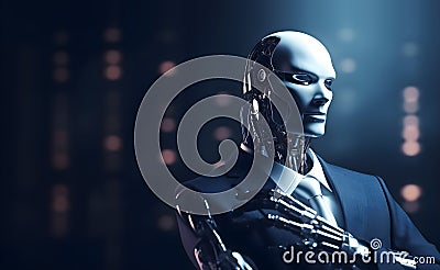 Artificial intelligence concept of businessman robot on blue background with copy space technology innovation Generative ai Cartoon Illustration