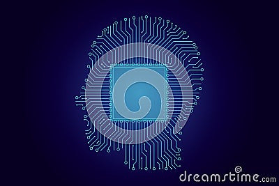 Artificial intelligence concept. Computer chip in a human head silhouette. Modern technologic brain on dark blue background. Cartoon Illustration