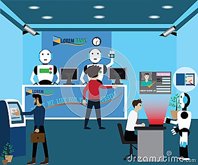 Artificial intelligence concept,In future,robot used in bank - v Vector Illustration