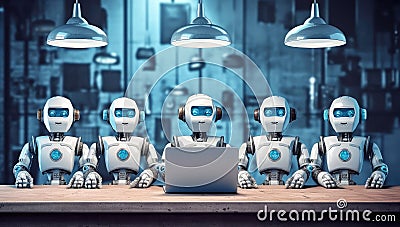 Artificial Intelligence Concept. Group of Robots Sitting at Desks and Using Laptops for Education or Works extreme closeup. Stock Photo
