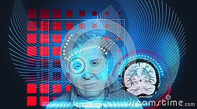 Artificial intelligence concept. Head, face with cybernetic digital brain, neural network link to virtual interface. Stock Photo