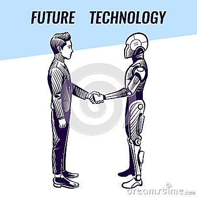 Artificial intelligence concept. Human and robot handshaking. Futuristic ai advanced technology vector background Vector Illustration
