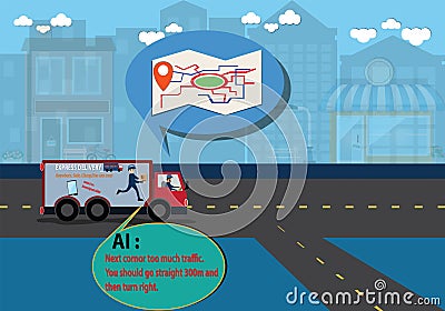 Artificial intelligence concept,Man driver use mobile application for planning delivery way - vector Stock Photo