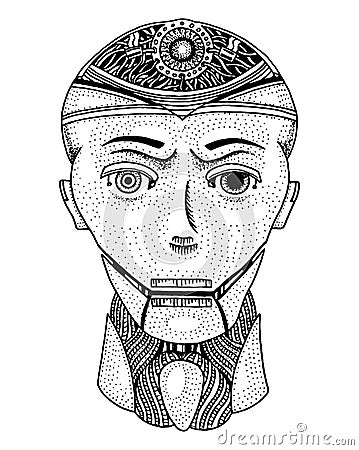 Artificial intelligence concept. A man with half the face of a robot. Replicant or Android. Hand drawn Future technology Vector Illustration