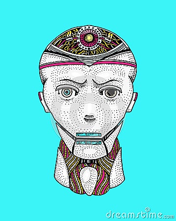 Artificial intelligence concept. A man with half the face of a robot. Replicant or Android. Hand drawn Future technology Vector Illustration