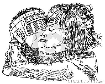 Artificial intelligence concept. Robot and man, Woman and man kiss. Concept love couple. Replicant or Android. Hand Vector Illustration