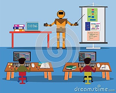 Artificial intelligence concept,Robot was teaching the kids for coding in class - vector Vector Illustration