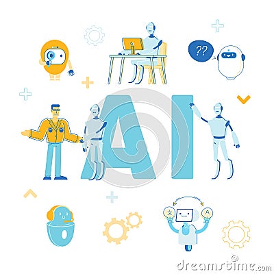 Artificial Intelligence Concept. Robots Help Human Working in Office, Making Text Translation, Answering Questions Vector Illustration