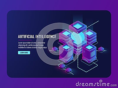 Artificial intelligence concept, server room, big data processing, brain in the incubator, data center Vector Illustration