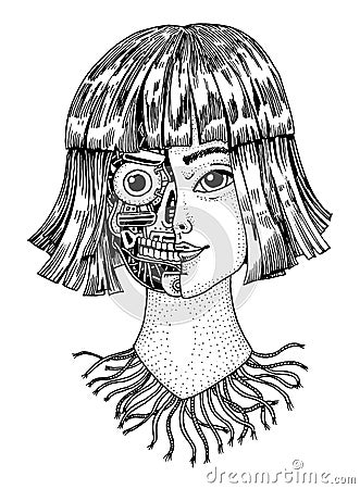 Artificial intelligence concept. A woman with half the face of a robot. Replicant or Android. Hand drawn Future Vector Illustration