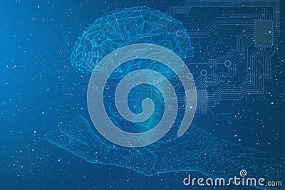artificial intelligence, conceptual representation of a cyborg arm and brain with electronic connections in space. Stock Photo