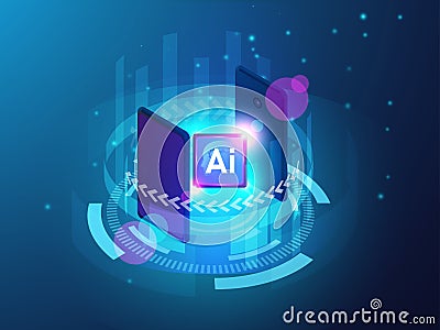 Artificial Intelligence CPU concept with smartphone, Ai computing with circuit board, machine learning Vector Illustration