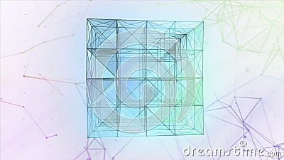 Artificial intelligence creating blue gradient plexus cubic 3D figure. Motion. Glowing beautiful transforming cube Stock Photo