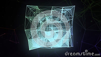 Artificial intelligence creating blue gradient plexus cubic 3D figure. Motion. Glowing beautiful transforming cube Stock Photo