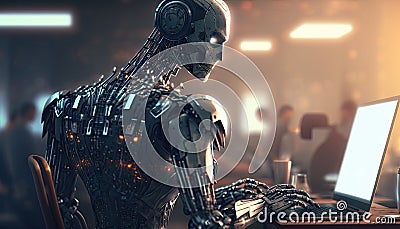 Artificial intelligence, cyborg using computer and typing keyboard, Technology in future, Writing programming codes. Generative AI Stock Photo