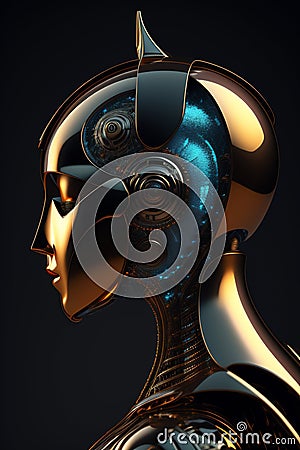 the artificial intelligence, a 3d futuristic robot , alien with head of metallic with a neural network Stock Photo